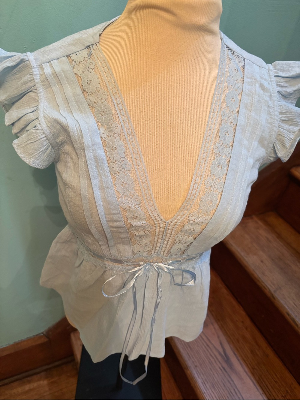 wild fable Pale Blue Lace-Trim V-Neck Peplum Top